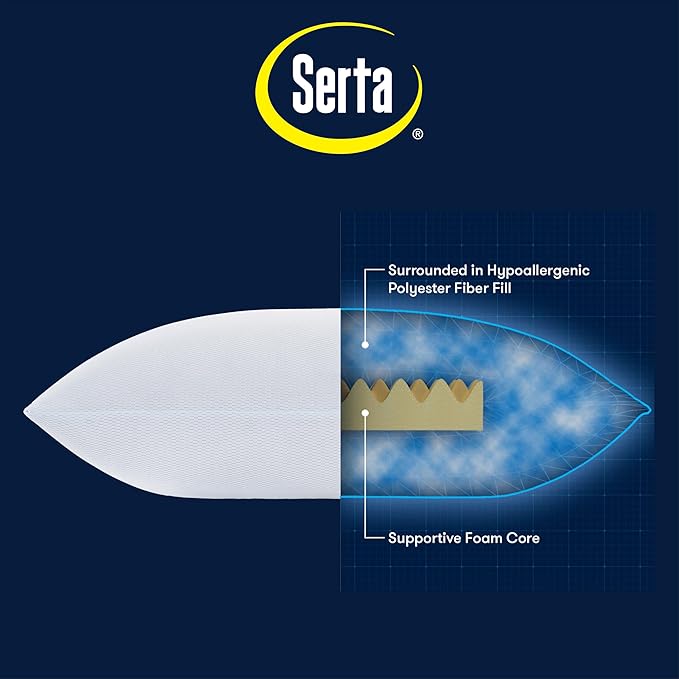 Serta Won't Go Flat King Size Set of 2 Down Alternative Cooling Bed Pillows, Extra Life Foam Core with Medium Support, Perfect for Back, Stomach or Side Sleepers, White