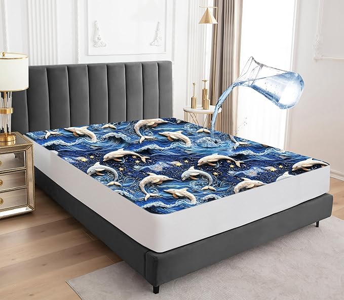 Sufdari Waterproof Mattress Protector, Mattress Cover Twin Size for Bed,18" Deep Pocket Fitted Sheet Style Mattress Protector with Elastic Rubber Band-Dolphin,Twin