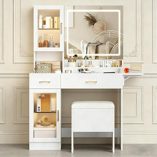 KAMABOKO Vanity Desk with Mirror, LED Lights and Power Outlet, Makeup Vanity Table with Cabinet and 2 Drawers, Dressing Table with Stools for Bedroom (White)