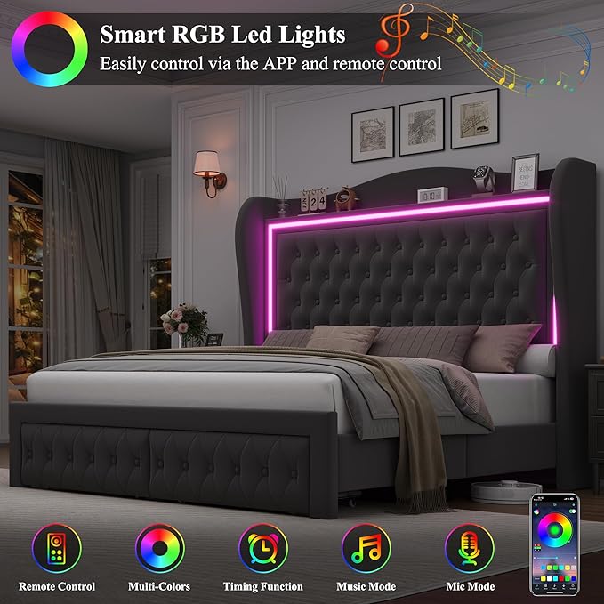 King Bed Frame 55" Tall Headboard with LED Lights, Buttons Tufted Velvet Upholstered Platform Bed Frame with 2 Storage Drawers, Wood Slats Support Mattress Foundation, No Box Spring Needed, Grey