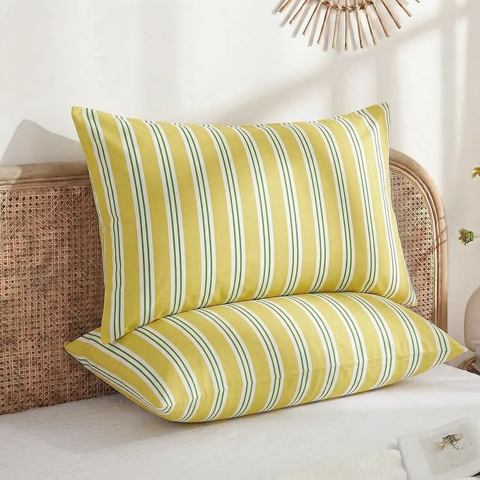 Merryword King Size Pillowcases, 100% Cotton Pillow Cases, Yellow and Green Striped Pillowcases, Soft Breathable Ribbon Stripe Pillow Covers, Set of 2