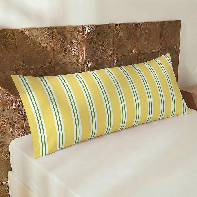 Merryword Body Pillow Cover 20x54inches, 100% Cotton Pillow Case, Yellow and Green Striped Pillowcase, Soft Breathable Ribbon Stripes Long Pillowcase, 1-Piece