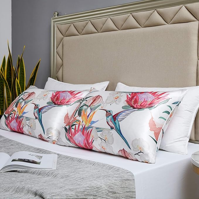 MR&HM Satin Pillowcase for Hair and Skin, Silk Satin Pillowcase 2 Pack, Queen Size Pillow Cases Set of 2, Silky Pillow Cover with Envelope Closure (20x30, Floral Bird)