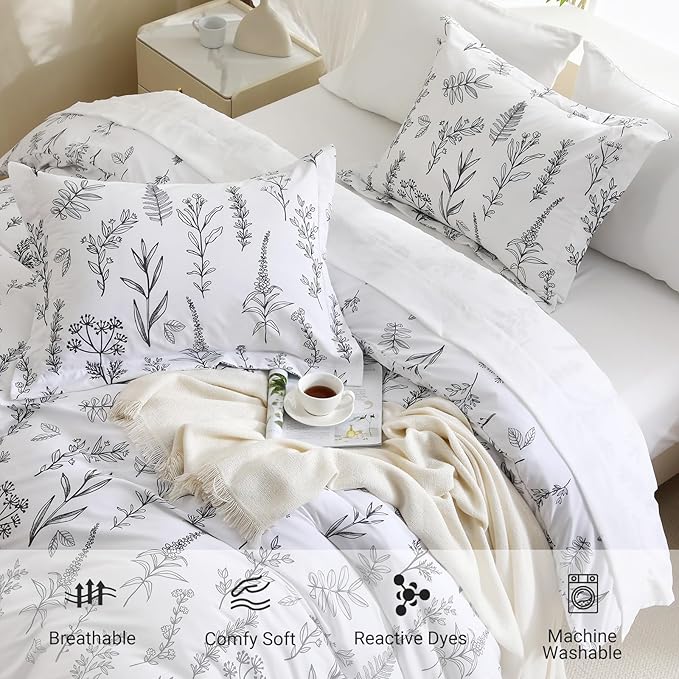 MUXHOMO Duvet Cover King Size, Reversible Floral White Duvet Cover Set with Zipper Closure, 3 Pieces Botanical Patterns Soft Microfiber Bedding Set (90"x104", 2 Pillow Cases 20"×36")