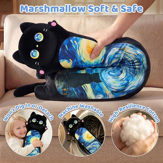 Mewaii Long Cat Plush 5 Sizes, 120% Extra Filling Giant Plushness Kids Body Pillow, Kawaii Cute Black Starry Cat Stuffed Animals Plushies, Big Long Black Cat Body Pillow Plush Gift for Girls 20”