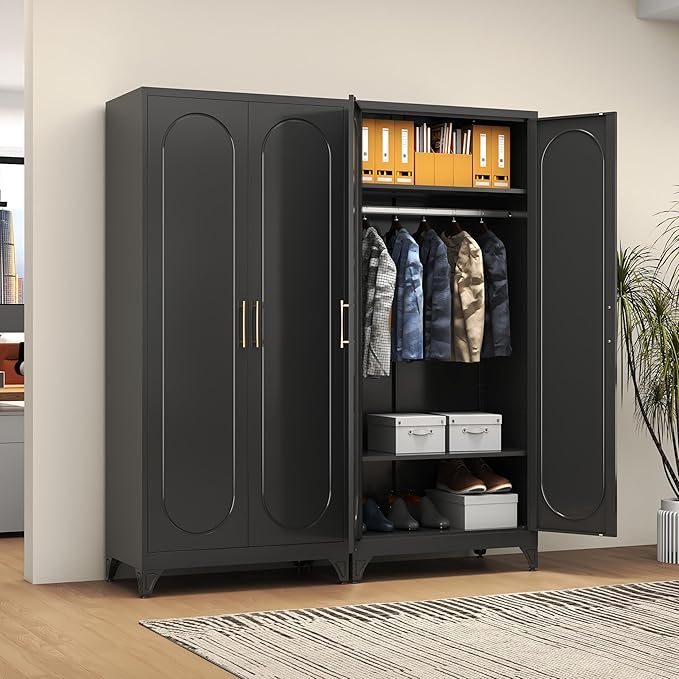 Polup Metal Armoire Wardrobe Closet with Doors and Shelves, 71" Tall Wardrobe Closet with Hanging Rod, Freestanding Clothes Cabinets, Large Wardrobes for Bedroom, Home Office, Employee, Black