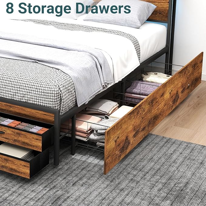 Zevemomo Full Bed Frame with 8 Storage Drawers, Full Metal Bed Frame with LED Light and Charging Station, Heavy Duty Metal Slats, No Box Spring Needed, Rustic Brown