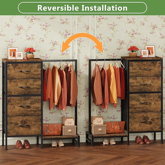 HIGDBFE Dresser with Hanging Rack, 4 Drawers Small Closet for Bedroom, Reversible Fabric Kids Chest of Drawers with Clothes Rack, Tall Storage Tower, Sturdy Frame, Rustic Brown, 44''H