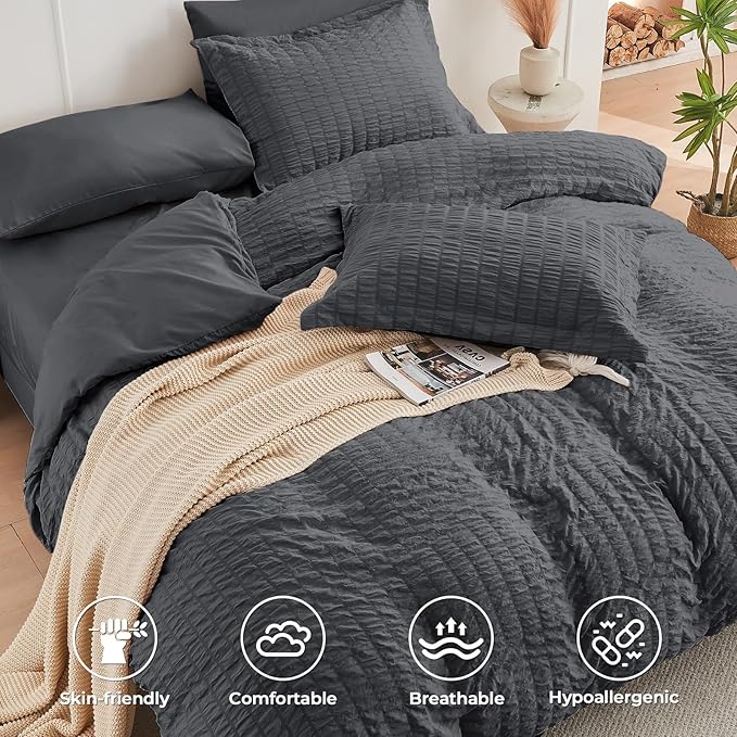 HYMOKEGE Dark Grey Twin Size Duvet Cover, Ultra Soft 2-Piece Seersucker Duvet Cover Set with Zipper Closure, Soft Brushed Microfiber Bedding Set with 8 Corner Ties (68"x90", 1 Pillowshams)