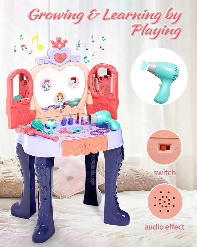 Eohemeral Magic Sensor Toddler Vanity Set with Automatic Opening Mirror, Kids Makeup Table with Induction Light & Music, Real Sound Hair Dryer, Fairy Wand & Accessories, Toy for Girls Age 3 4 5