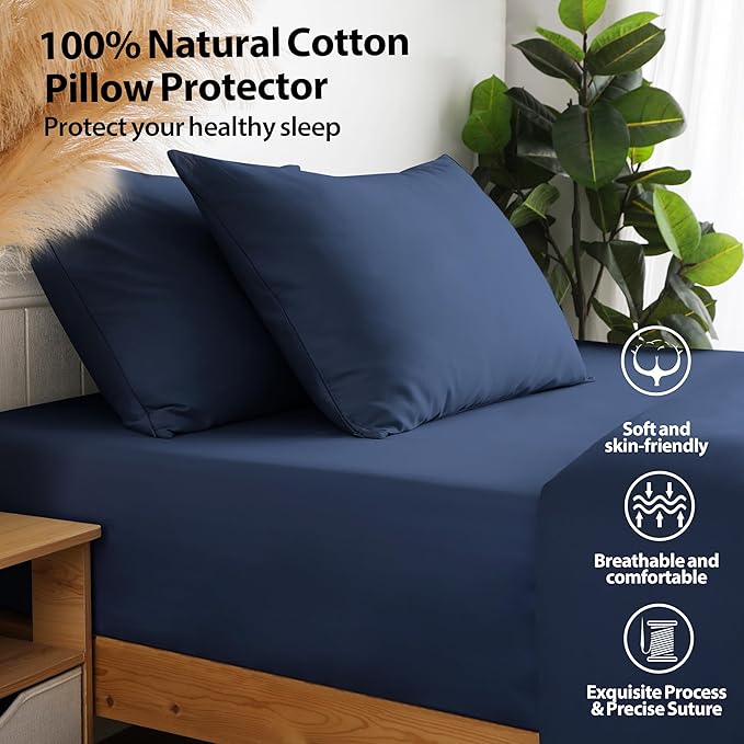 100% Cotton Classic Pillow Protectors with Invisible Zipper, 600 Thread Count Sateen Weave Soft and Breathable Pillow Cases, Protect Pillows from Dirt, Dust and Debris (Standard, 20"x26", Set of 2)