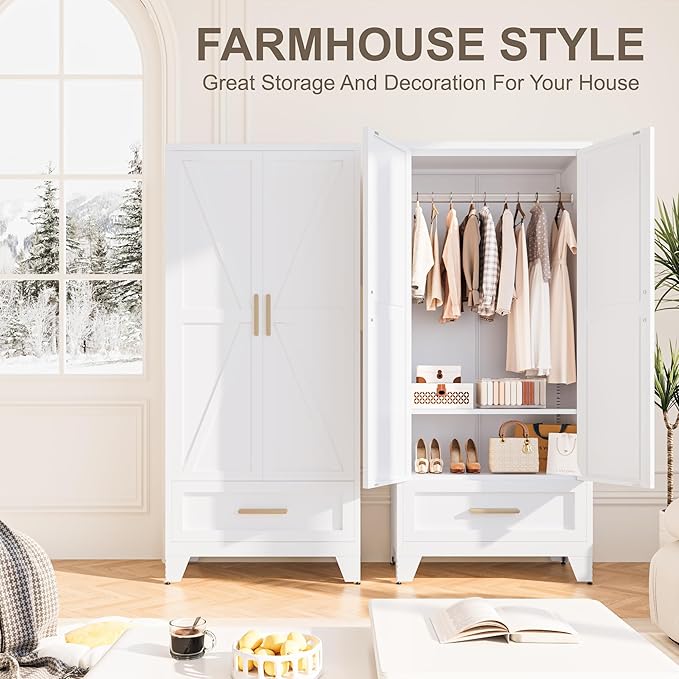 Baborokic Metal Wardrobe Cabinet,71 Armoire Wardrobe Closet with Drawers and Hanging Rod,Metal Armoire with Adjustable Shelves for Closet,Bedroom,Farmhouse Storage Cabinet with Drawer(White)