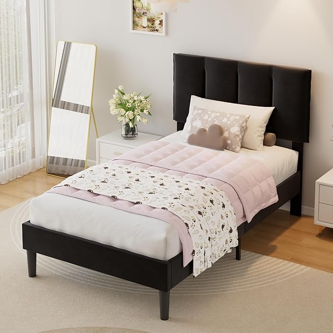 VECELO Twin Size Bed Frame with Upholstered Headboard, Heavy-Duty Bedframe with Wooden Slats & Steel Framework, Easy Assembly, Velvet & Black