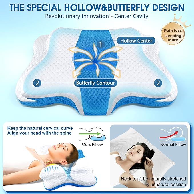 CHxxy Memory Foam Pillows, Cervical Pillow for Neck and Shoulder Pain Relief, Ergonomic Contour Bed Pillow, Soft for Side Sleep Stomach Sleeping and Back Sleeper-Queen Size&Blue