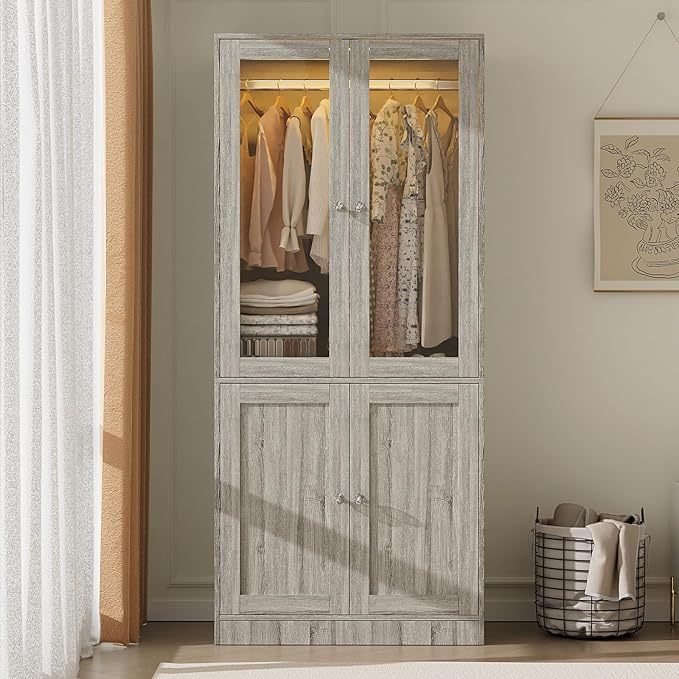 VOWNER 75" Tall Armoire Wardrobe Closet with Drawers & Lights, Clothing Storage Cabinet with 2 Glass Doors & Hanging Rod, Wooden Armoire Storage Cabinet for Bedroom (Grey Oak, 75''H)