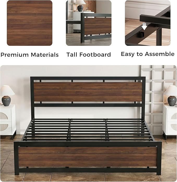 LIKIMIO California King Bed Frame with Headboard and Footboard, Metal Strong Supports, Easy Assembly, Noise-Free, No Box Spring Needed, Dark Walnut