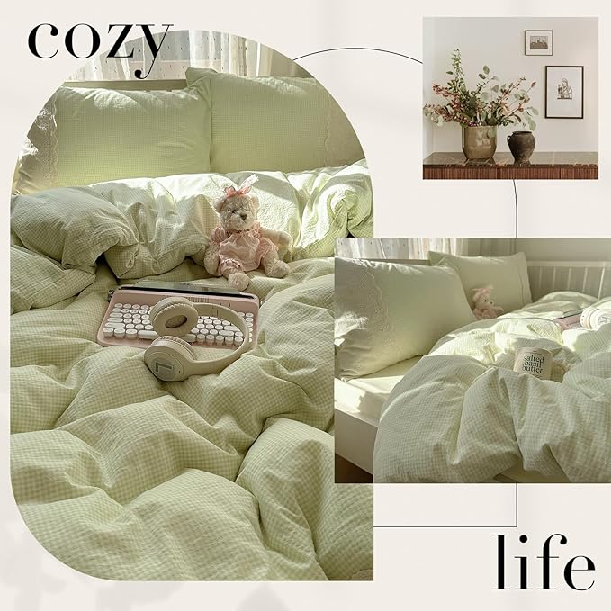 mixinni Green Gingham Duvet Cover King Size - 3 Piece Cottagecore Plaid Bedding Set with Lace Trim, Soft Washed Microfiber Vintage Aesthetic Grid Comforter Cover & Pillow Shams, (Green White Gingham)