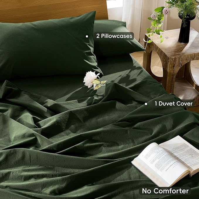 MooMee Bedding Duvet Cover Set 100% Washed Cotton Linen Like Textured Breathable Durable Soft Comfy (Solid Forest Green, Queen 90"x90")