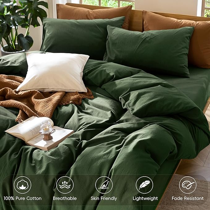 MooMee Bedding Duvet Cover Set 100% Washed Cotton Linen Like Textured Breathable Durable Soft Comfy (Solid Forest Green, Super King 108"x98")