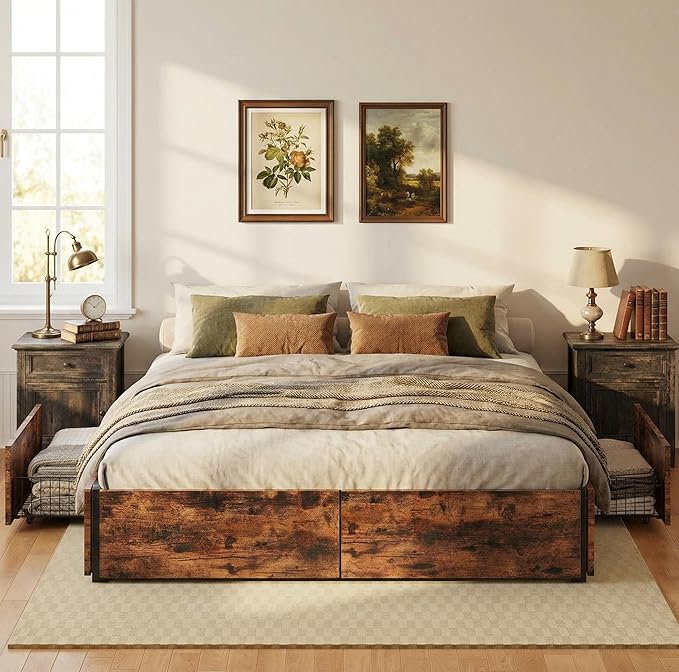 LIKIMIO Queen Bed Frame with Storage, 4 Drawers and Heavy Strong Metal Support Frames, Solid Stable, No Box Spring Needed, Noise-Free, Easy Assembly, Industrial Brown