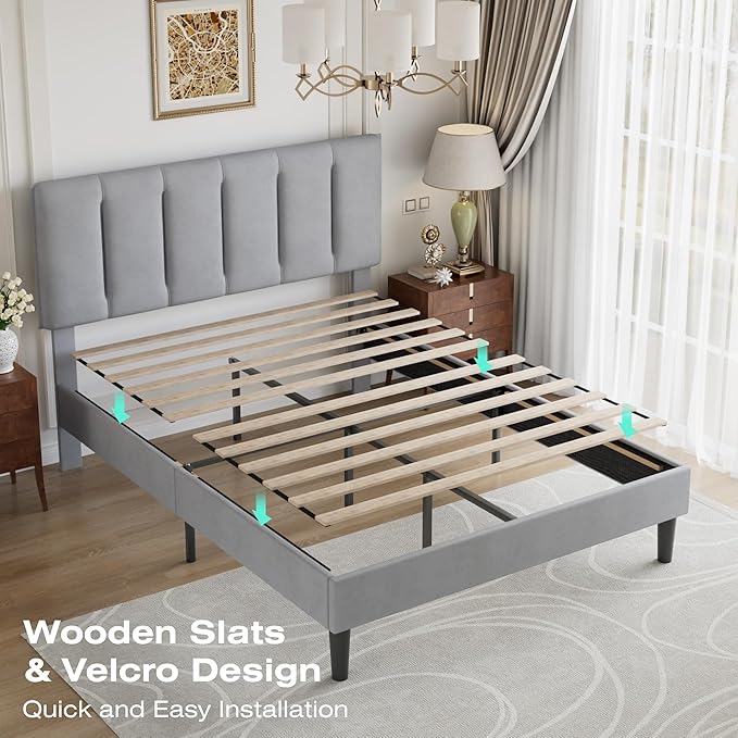 VECELO Full Size Bed Frame with Upholstered Headboard, Heavy-Duty Bedframe with Strong Wooden Slats Support, No Boxing Spring Needed, Light Grey