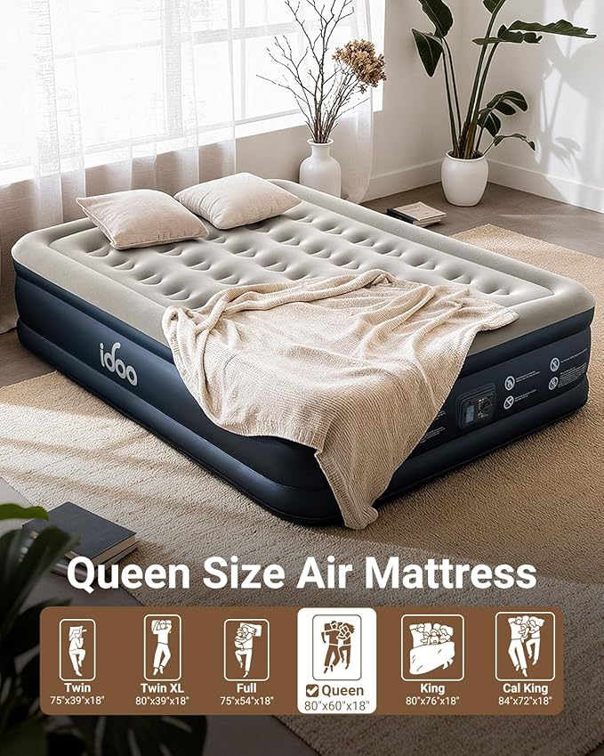 iDOO Queen Air Mattress with Built in Pump, 18 Raised Comfort Inflatable Blow up Mattress, Upgraded Support Structure Portable Air Bed for Camping, Guests and Home, Colchon Inflable, 650lbs Max
