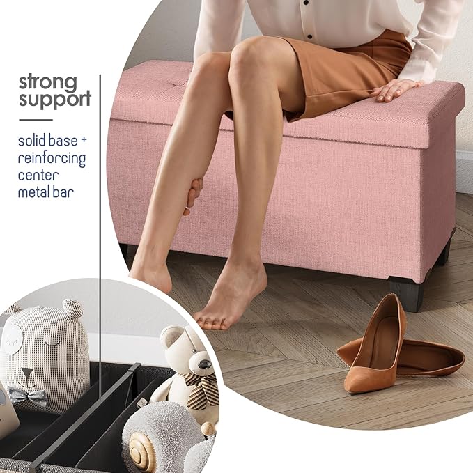 Storage Ottoman Bench with Bins, 30-in Storage Bench for Bedroom End of Bed, Folding Foot Rest Ottoman for Living Room Max 660lbs, Fabric Ottomans, Pink