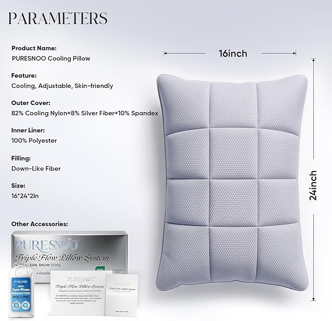 Cooling Adjustable Pillow for Side Sleepers, Silver Infused Bed Pillow, Cool Soft Firm Pillow for Hot Sleepers, Back & Stomach Sleepers, Self-Cleaning Technology for 3X Freshness Sleep, Grey