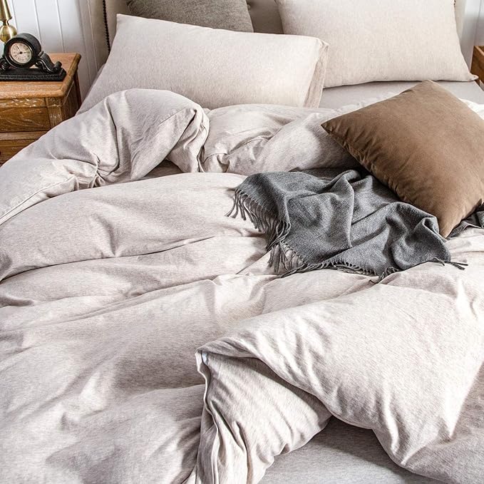 PURE ERA Jersey Knit Duvet Cover Set 100% T-Shirt Cotton Super Soft Comfy 3pc Bedding Set with Zipper Closure (Heather Beige, Oversized King)