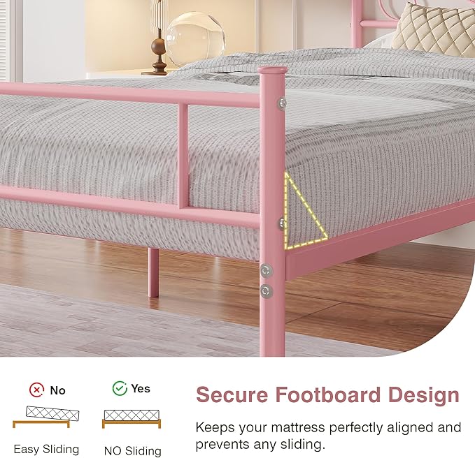 VECELO 14 Inch Twin Size Metal Platform Bed Frame with Headboard and Footboard, Heavy Duty Mattress Foundation with Steel Slats Support, No Box Spring Needed, Pink