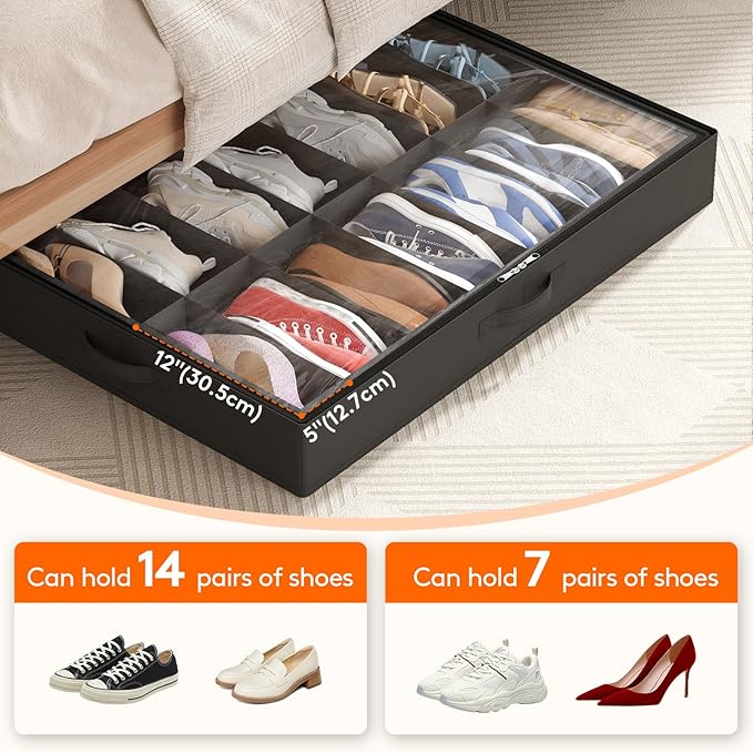 Lifewit Under Bed Shoe Storage Organizer 1 Pack(14 Shoes Cells), 4.3 Inches Profile Fabric Shoes Container Box with Clear Cover, Foldable Storage Bag with 2 Handles, Fits 7 to 14 Pairs