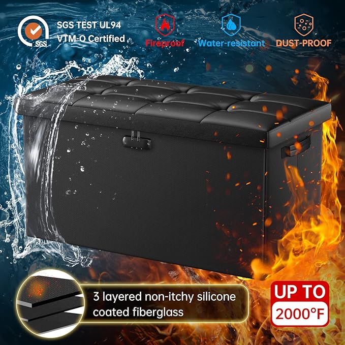 ENGPOW Storage Ottoman Bench,Fireproof Folding Bench with Lock,30 Inches Fire＆Water Resistant Storage Chest Foot Rest Stool Leather Bedroom Bench with Storage Safe for Document,Valuables,Black
