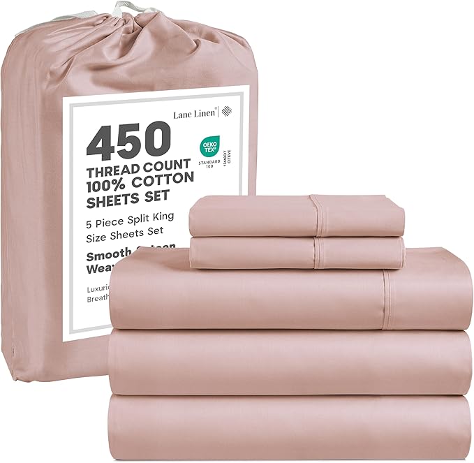 LANE LINEN Split King Sheet Sets for Adjustable Beds - 5 PCs, 450 Thread Count Split King Sheets Set - Sateen King Split Sheets for Adjustable Bed - Split Top King Sheets Set for Bed - Sepia Rose