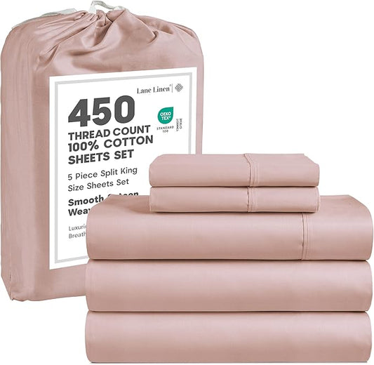 LANE LINEN Split King Sheet Sets for Adjustable Beds - 5 PCs, 450 Thread Count Split King Sheets Set - Sateen King Split Sheets for Adjustable Bed - Split Top King Sheets Set for Bed - Sepia Rose