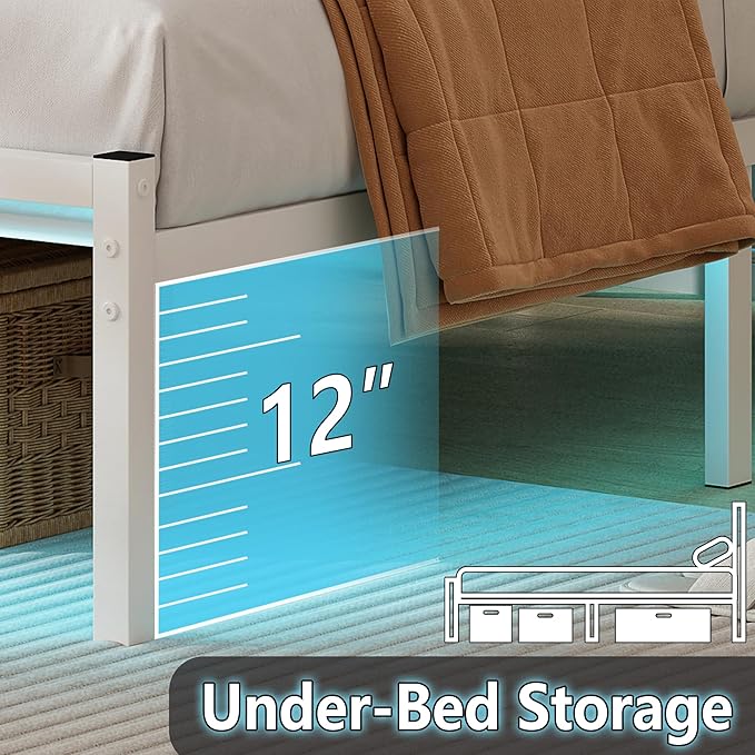 CLIBFENG Queen Bed Frame with Headboard,Heavy Duty Steel Slats Support-LED Bed Frame with USB Charging Station,Mattress Foundation-Under Bed Storage,No Box Spring Needed,Noise Free,White
