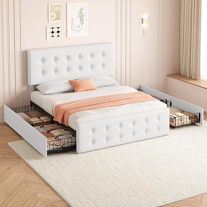 IDEALHOUSE Full Size Bed Frame with 4 Storage Drawers and Headboard, Faux Leather Upholstered Platform Bed Frame with Wooden Slats Support, Button Tufted Design, No Box Spring Needed, White