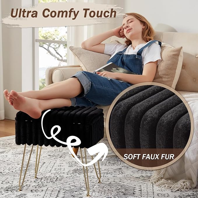 EBENCHICO Vanity Stool Chair with Storage, Faux Fur Stools for Vanity Makeup, Foot Stool Ottoman with 4 Metal Legs, Small Vanity Bench Seat Chairs for Living Room Bedroom