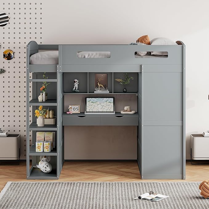 Multi-Functional Full Size Loft Bed with Built-in Desk and Wardrobes, Solid Wood Loft Bed Frame with 4 Drawers and 4 Shelves for Kids Teens Boys Adults, Maximize Space (Gray-F)
