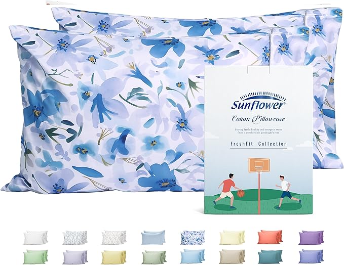 sunflower King Pillowcases Set of 2, 100% Cotton King Size Pillow Cases 2, 20×40 inches Blue Bloom, Soft and Breathable