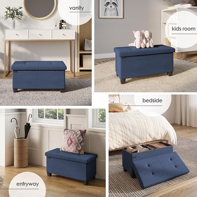 Storage Ottoman Bench with Bins, 30-in Storage Bench for Bedroom End of Bed, Folding Foot Rest Ottoman for Living Room Max 660lbs, Fabric Ottomans, Blue