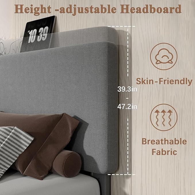 VECELO Queen Bed Frame Upholstered with Charging Station, Height-Adjustable Headboard, Wooden Slat Support, No Box Spring Needed, Easy Assembly, Dark Grey