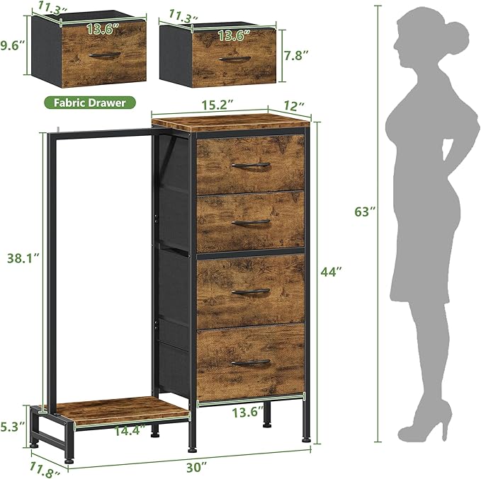 HIGDBFE Dresser with Hanging Rack, 4 Drawers Small Closet for Bedroom, Reversible Fabric Kids Chest of Drawers with Clothes Rack, Tall Storage Tower, Sturdy Frame, Rustic Brown, 44''H