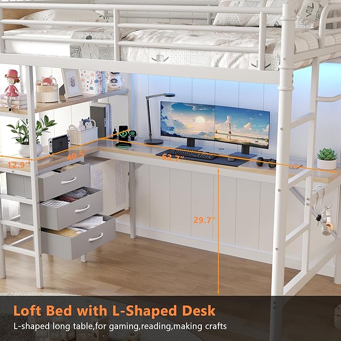 Jocoevol Twin Size Loft Bed with L-Shaped Desk, LED Lights,Charging Station, Industrial Heavy Duty Metal Loft Bed Frame with 3 Storage Shelves and 3 Fabric Drawers, Safety Guard & Ladder, White
