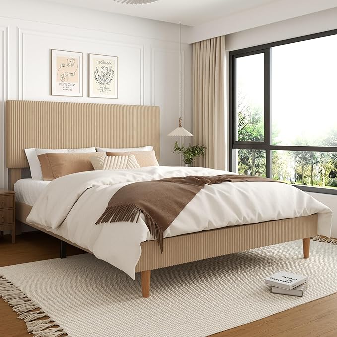 King Size Bed Frame, Upholstered Platform Bed with Adjustable Headboard, Vertical Fluted Tufted, Soft Corduroy Fabric, Wooden Slats Support, No Box Spring Needed, Easy Assembly, Brown