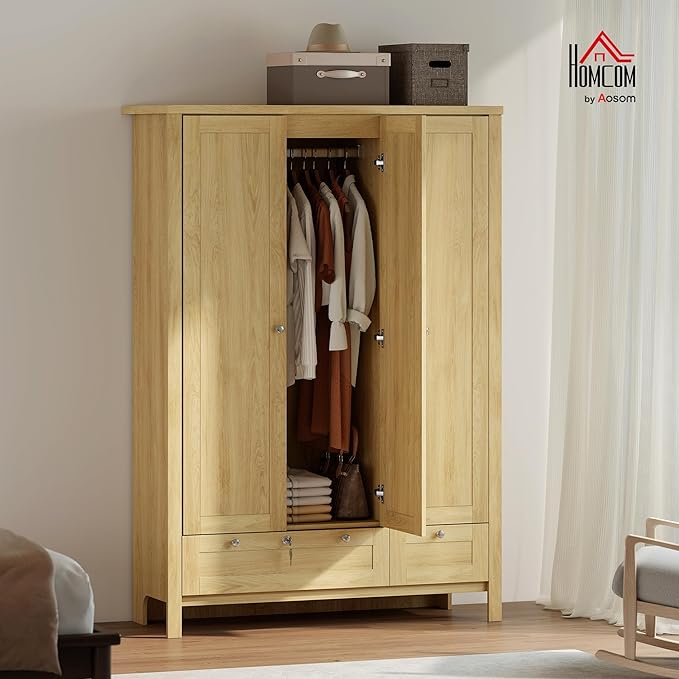 HOMCOM 3 Door Armoire Wardrobe Closet with 2 Drawers, 69" Clothing Storage Cabinet with Lockable Large Drawer, Hanging Rod and Storage Shelves for Bedroom, Wardrobe Cabinet, Natural
