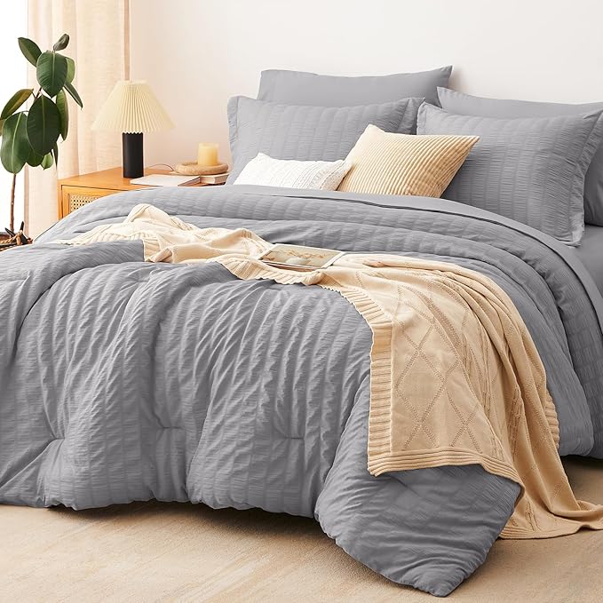 CozyLux Twin XL Comforter Set with Sheets Seersucker Grey 5 Pieces Bed in a Bag, Gray Twin Extra Long Luxury Bedding Sets for College Dorm with Down Alternative Comforter, Sheets, Pillowcase & Sham
