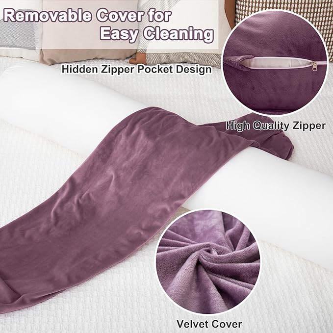 1 MIDDLE ONE Bolster Pillow for Bed, Long Round Body Pillow for Adults with Removable Velvet Cover, Decorative Tube Roll Cylinder Pillow, 47 x 7.87 Inch, Purple
