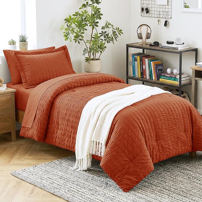 CozyLux Twin XL Comforter Set with Sheets Seersucker Burnt Orange 5 Pieces Bed in a Bag, Terracotta Twin Extra Long Bedding Sets College Dorm with Down Alternative Comforter, Sheets, Pillowcase & Sham