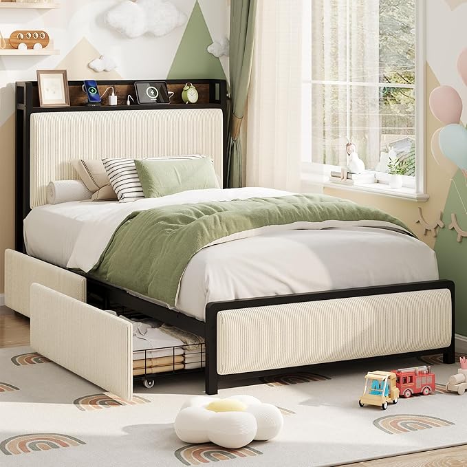 Twin-XL Size Bed Frame with Storage Headboard, Black Corduroy Upholstered Twin Platform Bedframe with Storage Drawers and Charging Station, No Box Spring Needed, Noise Free