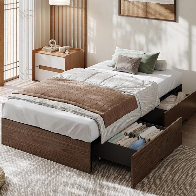 GarveeHome Twin XL Size Wood Platform Bed Frame with 2 Storage Drawers, Wooden Bed Frame Without Headboard, Wood Slat Support, No Box Spring Needed, Easy Assembly